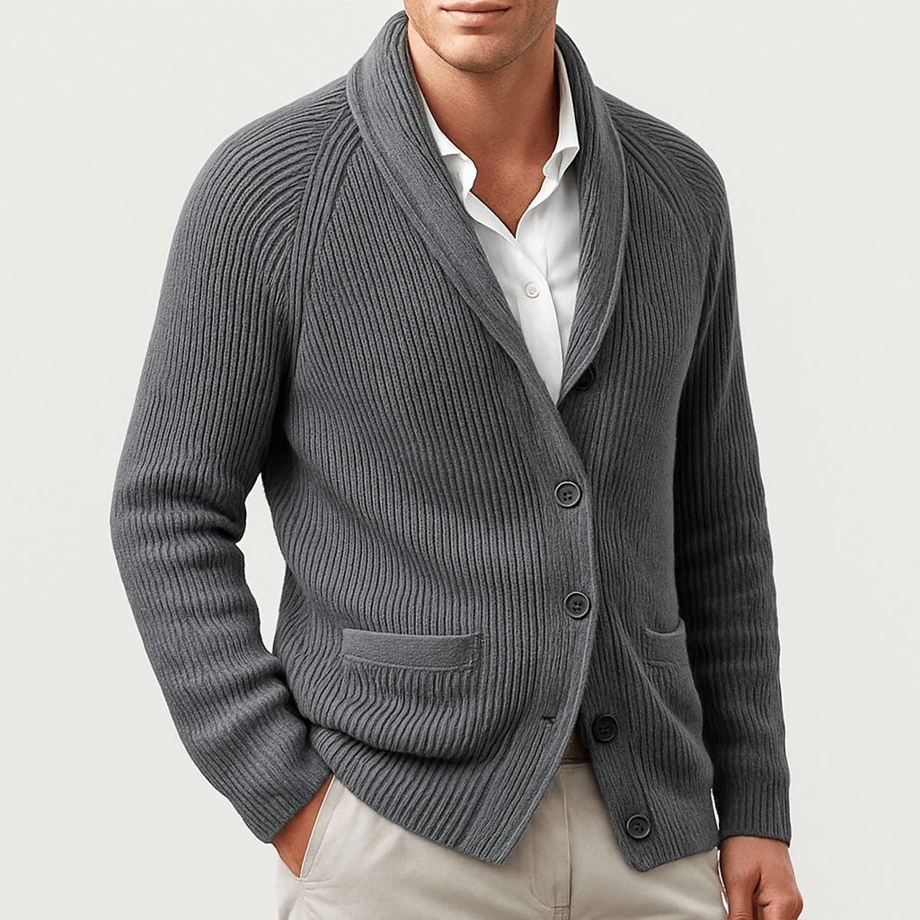 Ribbed Knit Button-Up Cardigan with Lapel Collar for Men - Gray
