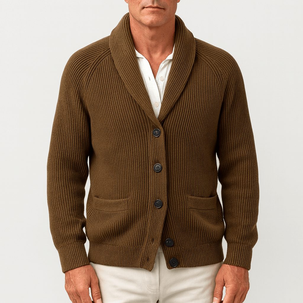 Ribbed Knit Button-Up Cardigan with Lapel Collar for Men - Brown