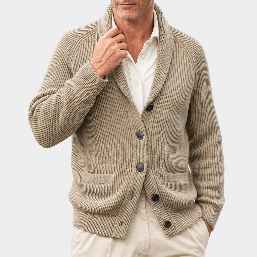 Ribbed Knit Button-Up Cardigan with Lapel Collar for Men - Khaki