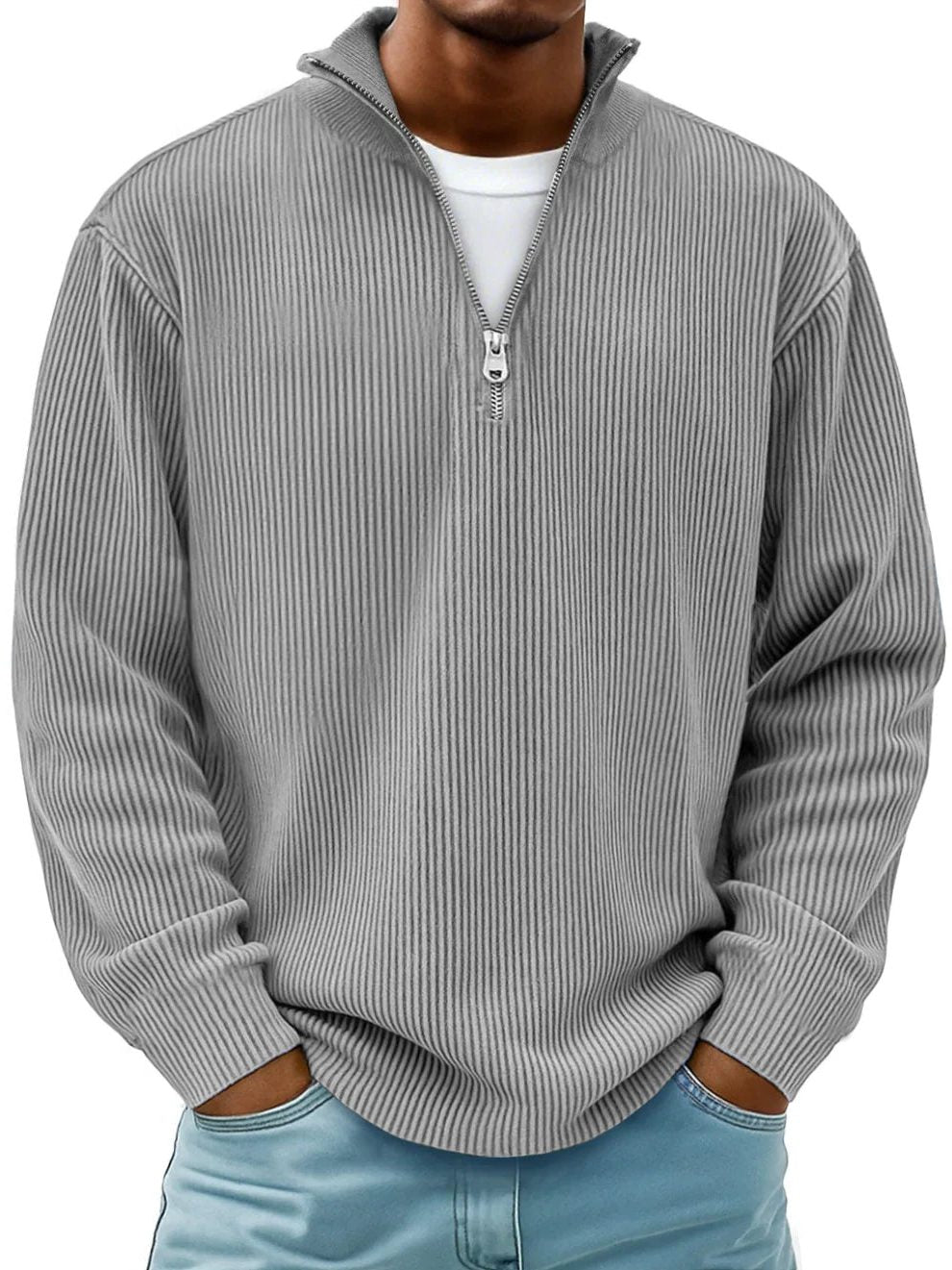 Ribbed Knit Half-Zip Pullover for Men - Gray