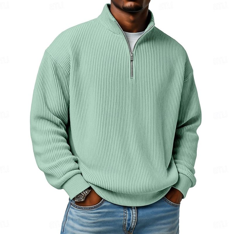 Relaxed Fit Ribbed Knit Half-Zip Sweater with Stand Collar for Men