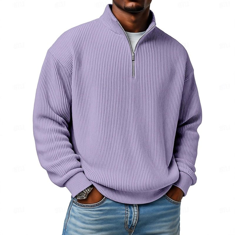 Relaxed Fit Ribbed Knit Half-Zip Sweater with Stand Collar for Men