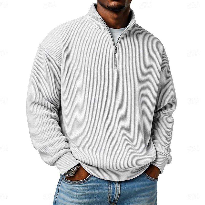 Relaxed Fit Ribbed Knit Half-Zip Sweater with Stand Collar for Men