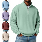 Relaxed Fit Ribbed Knit Half-Zip Sweater with Stand Collar for Men