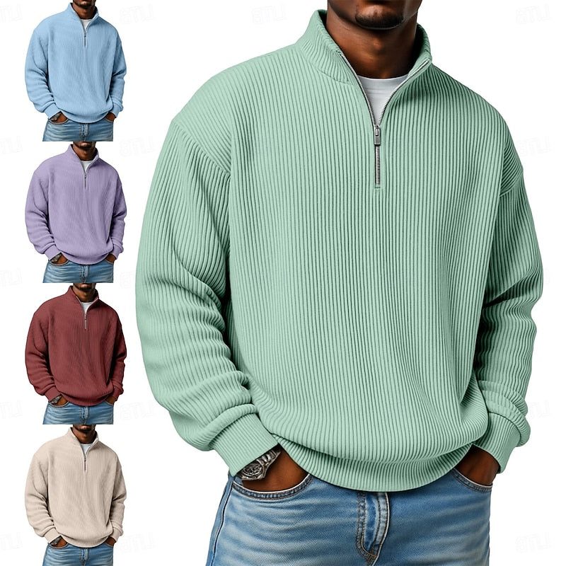 Relaxed Fit Ribbed Knit Half-Zip Sweater with Stand Collar for Men