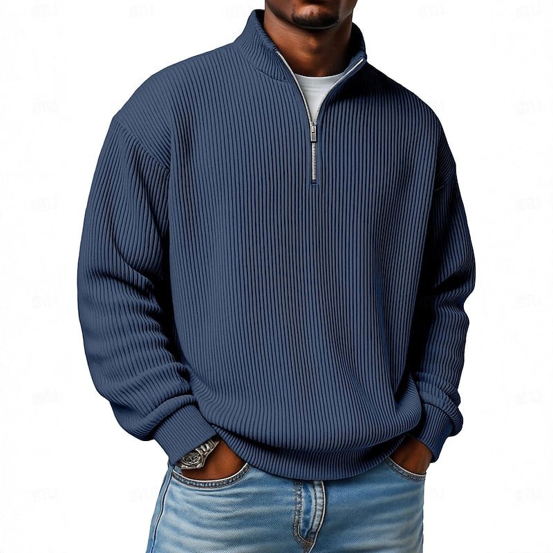 Relaxed Fit Ribbed Knit Half-Zip Sweater with Stand Collar for Men