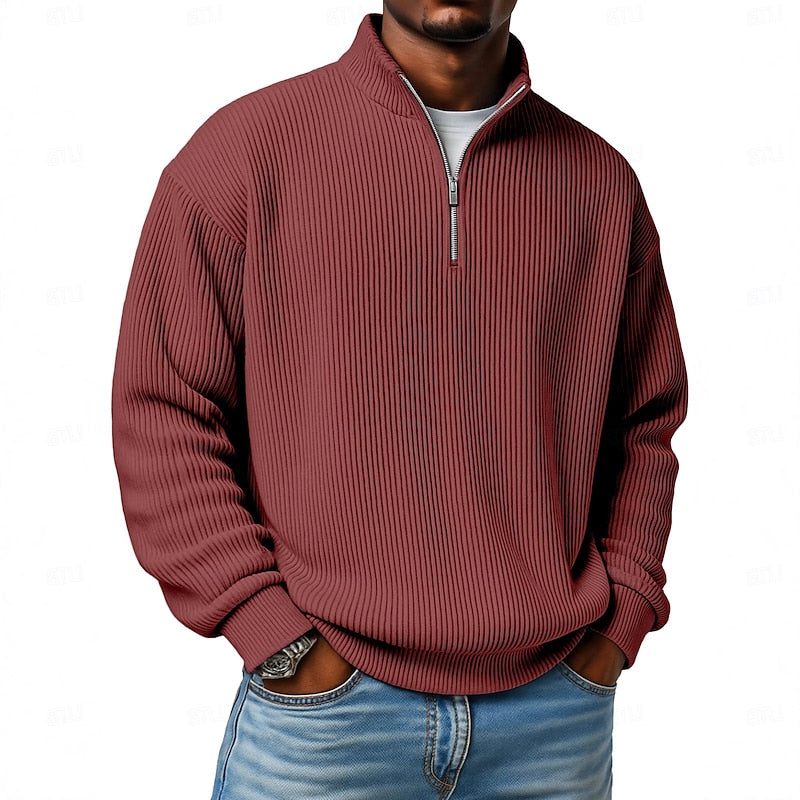 Relaxed Fit Ribbed Knit Half-Zip Sweater with Stand Collar for Men