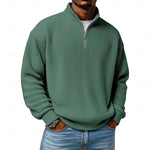 Relaxed Fit Ribbed Knit Half-Zip Sweater with Stand Collar for Men