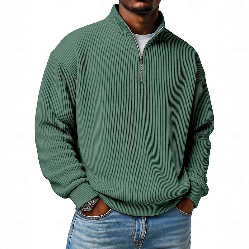 Relaxed Fit Ribbed Knit Half-Zip Sweater with Stand Collar for Men