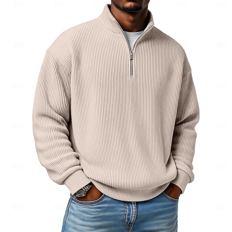 Relaxed Fit Ribbed Knit Half-Zip Sweater with Stand Collar for Men