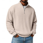 Relaxed Fit Ribbed Knit Half-Zip Sweater with Stand Collar for Men