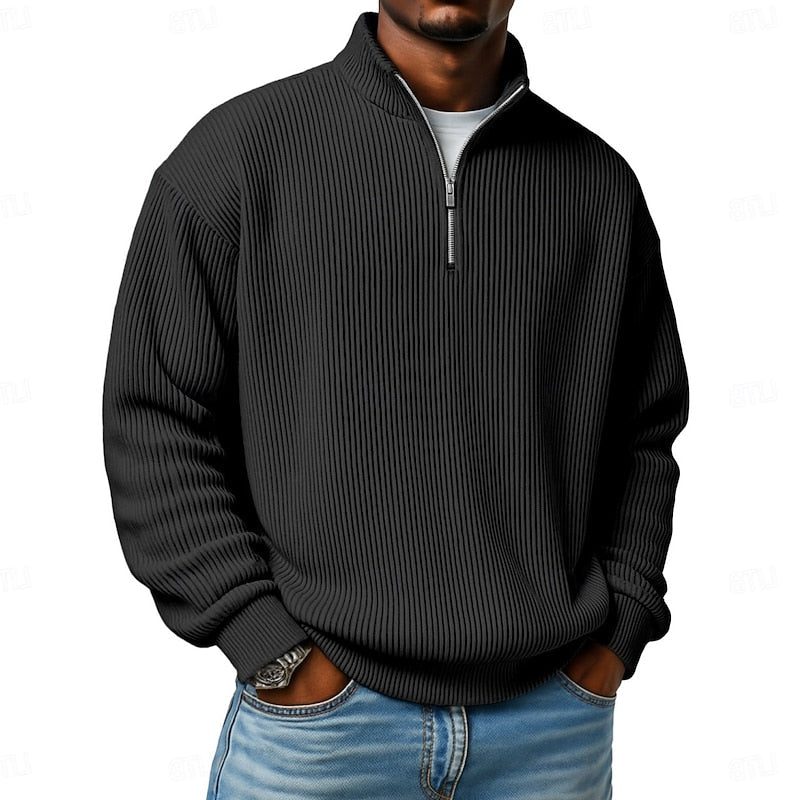 Relaxed Fit Ribbed Knit Half-Zip Sweater with Stand Collar for Men