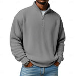 Relaxed Fit Ribbed Knit Half-Zip Sweater with Stand Collar for Men