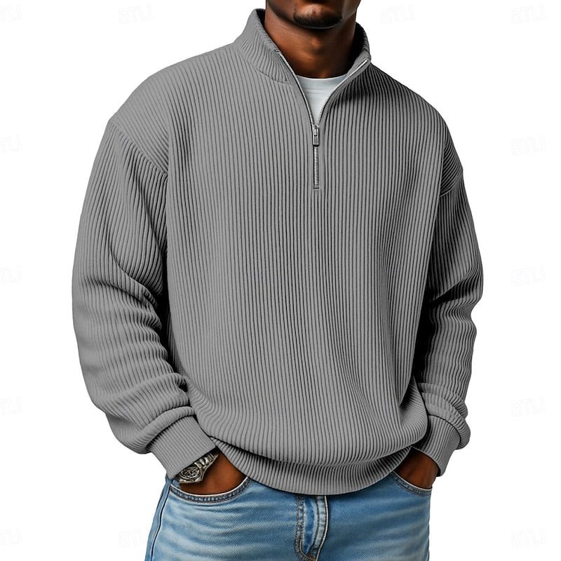 Relaxed Fit Ribbed Knit Half-Zip Sweater with Stand Collar for Men