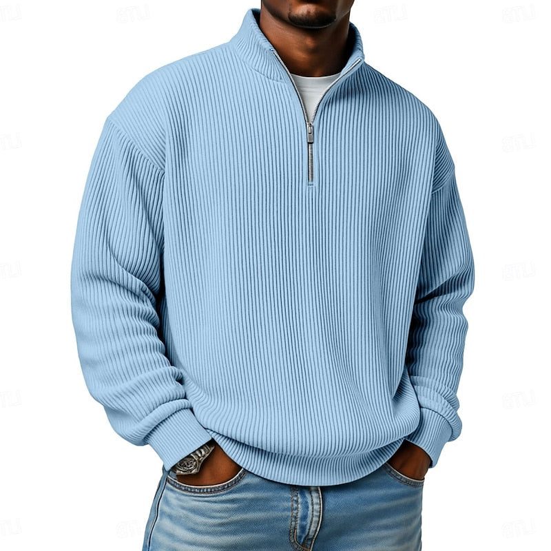 Relaxed Fit Ribbed Knit Half-Zip Sweater with Stand Collar for Men