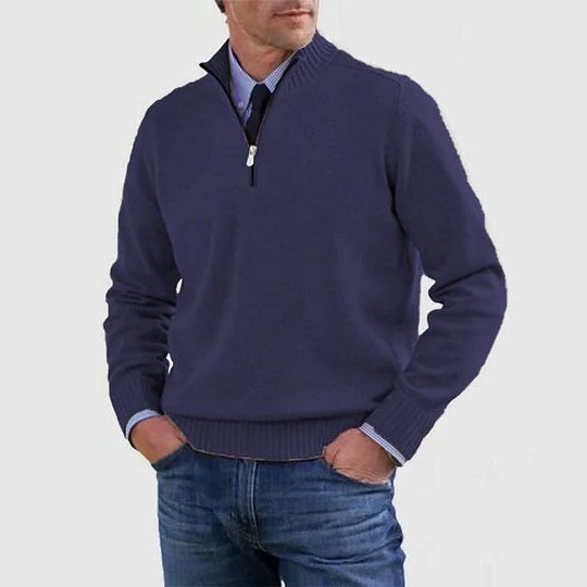 Textured Knit Half-Zip Sweater with Stand Collar for Men