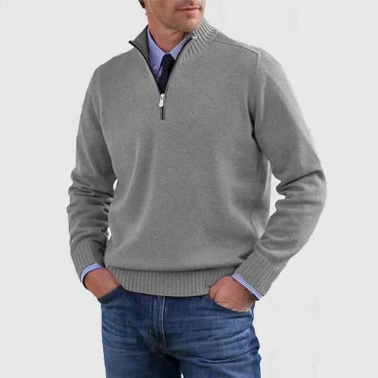 Textured Knit Half-Zip Sweater with Stand Collar for Men