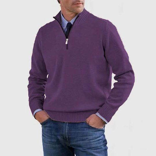 Textured Knit Half-Zip Sweater with Stand Collar for Men