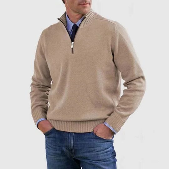 Textured Knit Half-Zip Sweater with Stand Collar for Men