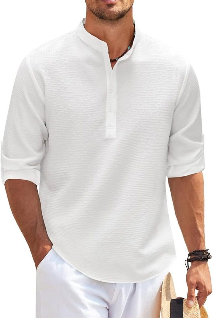 Ribbed Knit Henley Shirt for Men - Weiß