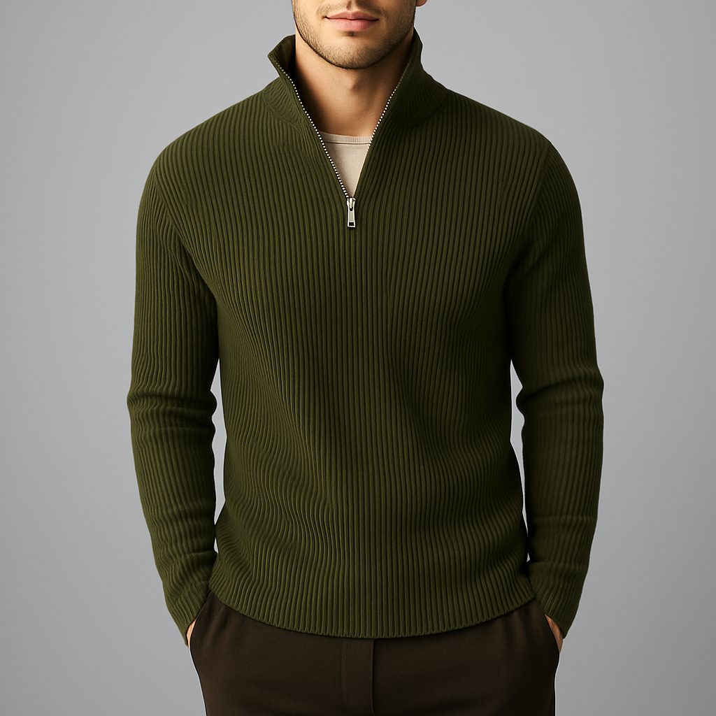 Ribbed Knit Merino Wool Turtleneck Sweater for Men - Green