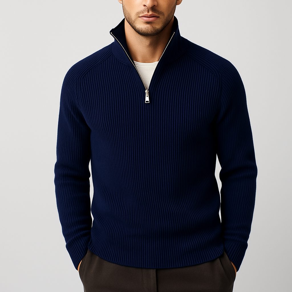 Ribbed Knit Merino Wool Turtleneck Sweater for Men - Blue