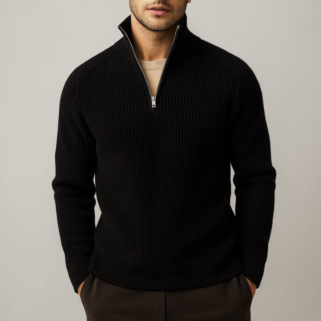 Ribbed Knit Merino Wool Turtleneck Sweater for Men - Black