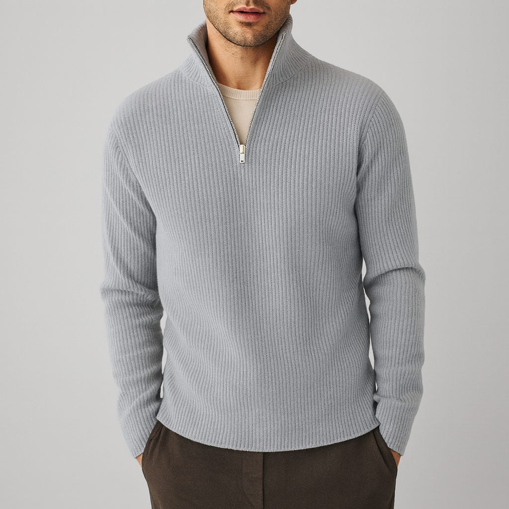 Ribbed Knit Merino Wool Turtleneck Sweater for Men - Gray