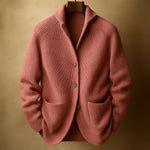 Ribbed Knit Shawl Collar Wool Cardigan Sweater with Patch Pockets for Men - Pink