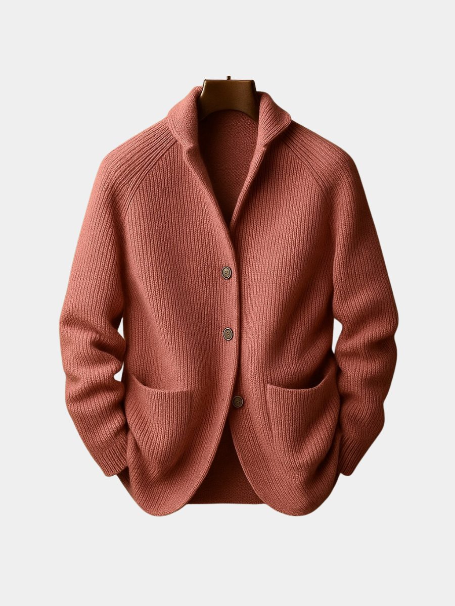 Ribbed Knit Shawl Collar Wool Cardigan Sweater with Patch Pockets for Men