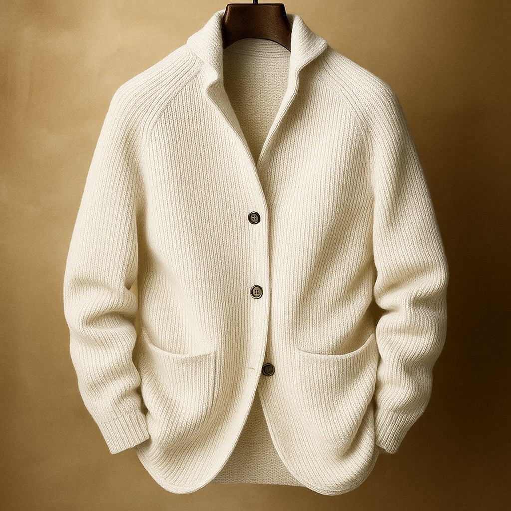 Ribbed Knit Shawl Collar Wool Cardigan Sweater with Patch Pockets for Men - Cream