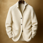 Ribbed Knit Shawl Collar Wool Cardigan Sweater with Patch Pockets for Men - Cream