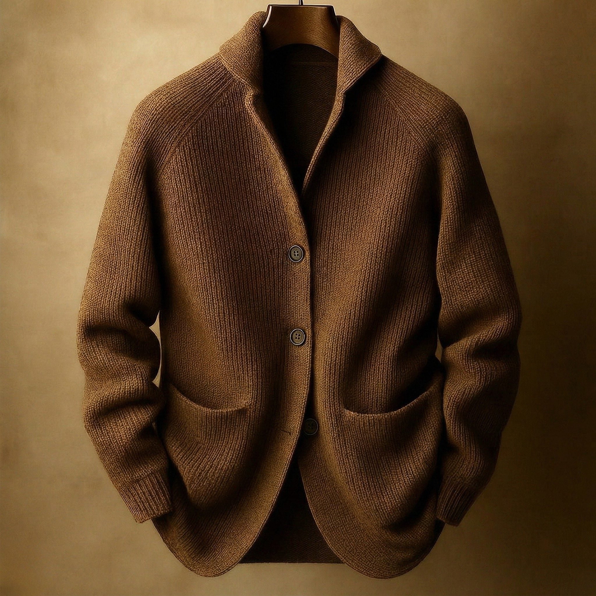 Ribbed Knit Shawl Collar Wool Cardigan Sweater with Patch Pockets for Men - Brown