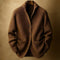 Ribbed Knit Shawl Collar Wool Cardigan Sweater with Patch Pockets for Men - Brown