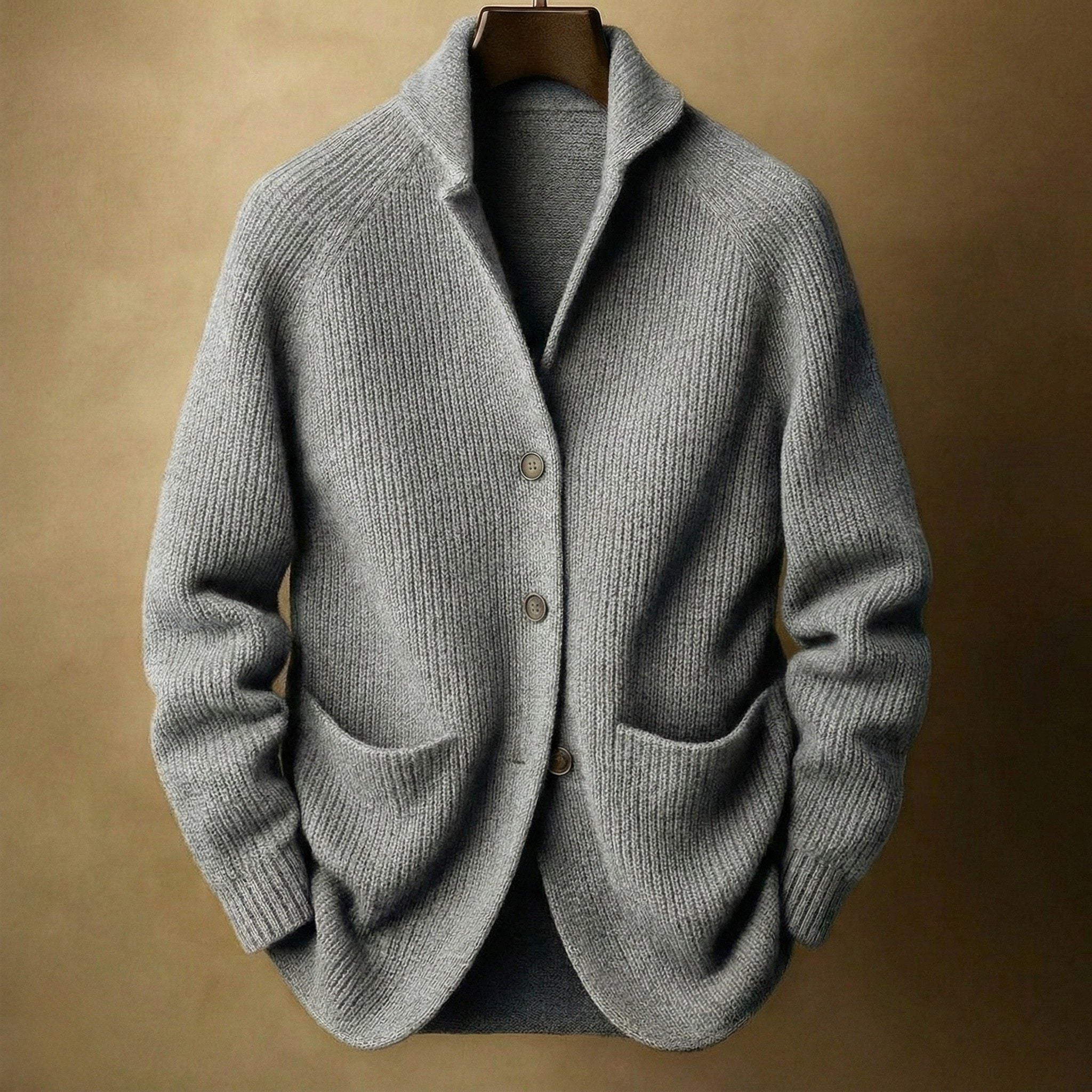 Ribbed Knit Shawl Collar Wool Cardigan Sweater with Patch Pockets for Men - Gray