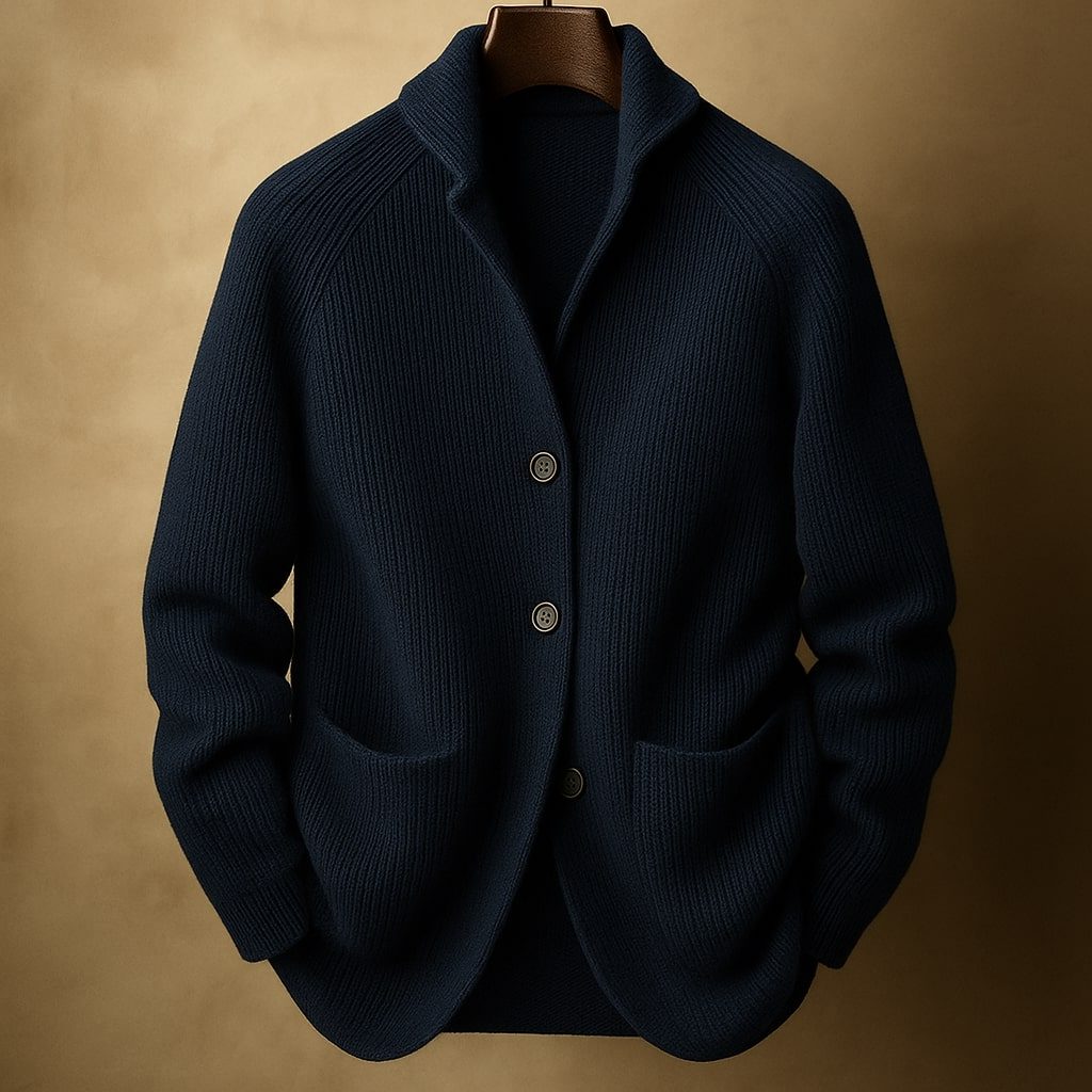 Ribbed Knit Shawl Collar Wool Cardigan Sweater with Patch Pockets for Men - Navy Blue