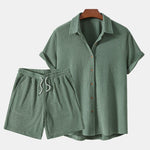 Ribbed Knit Short Sleeve Button-Down Set for Men - Green
