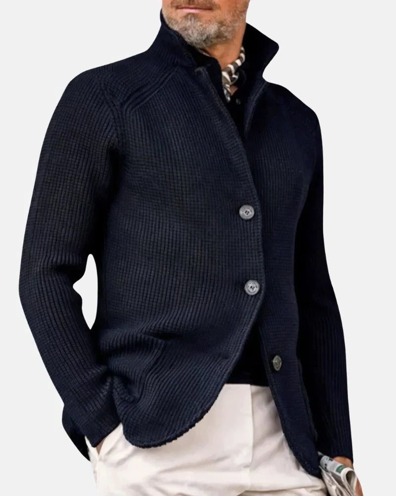 Ribbed Knit Stand Collar Cardigan for Men - Navy