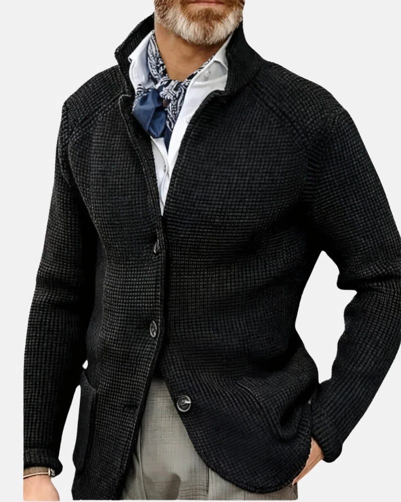Ribbed Knit Stand Collar Cardigan for Men - Black