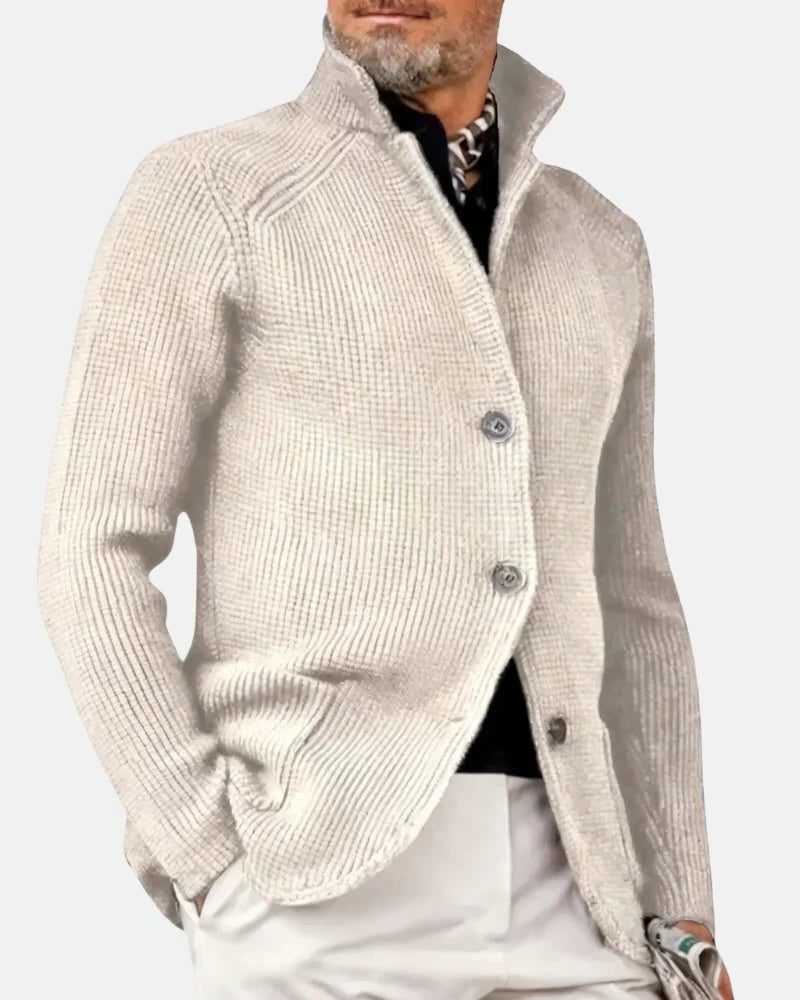Ribbed Knit Stand Collar Cardigan for Men - Ivory