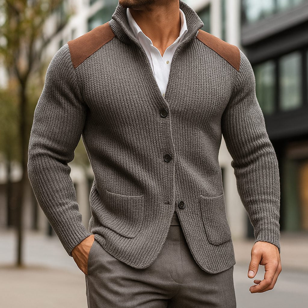 Ribbed Knit Stand Collar Cardigan Sweater with Pockets for Men