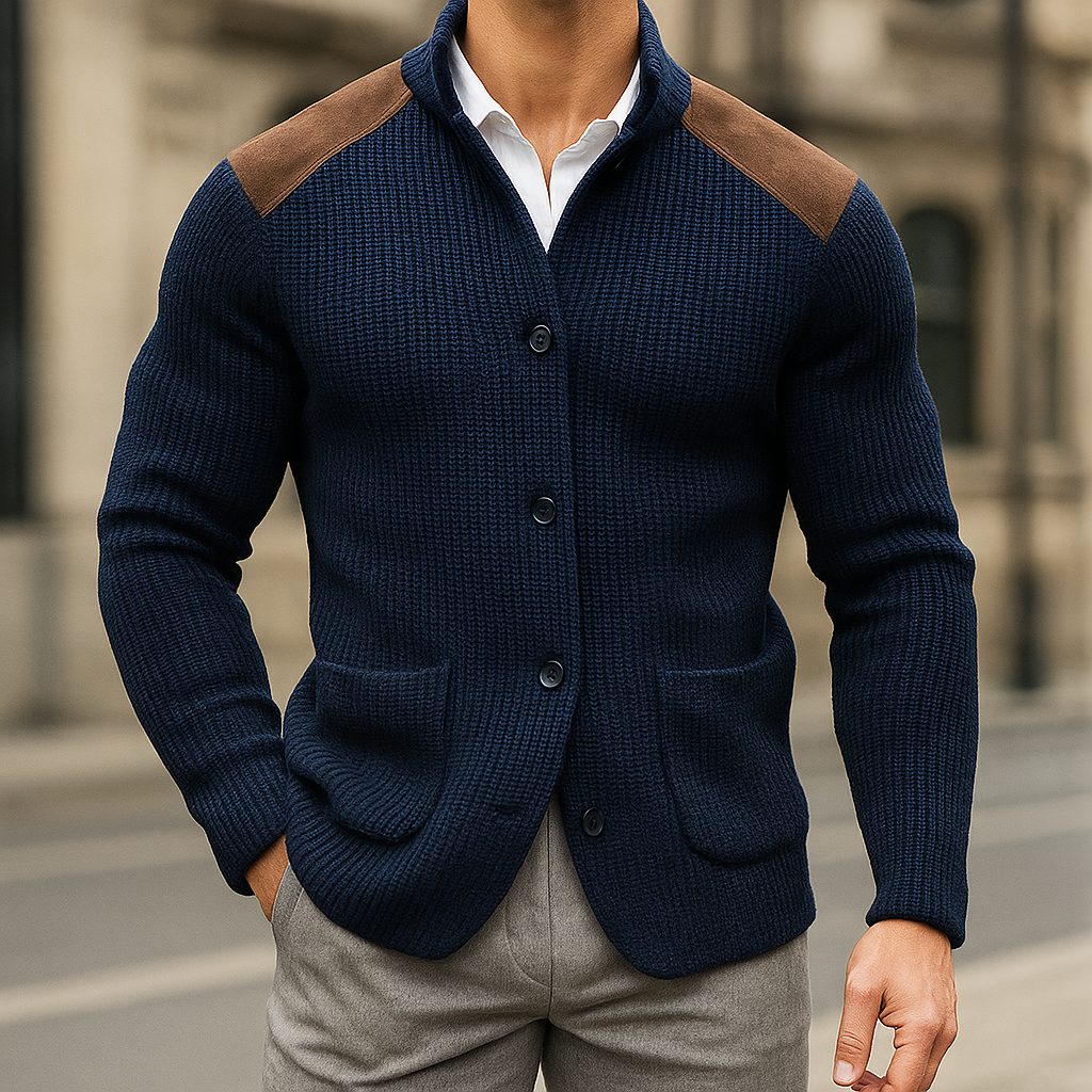 Ribbed Knit Stand Collar Cardigan Sweater with Pockets for Men - Navy Blue