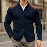 Ribbed Knit Stand Collar Cardigan Sweater with Pockets for Men - Navy Blue