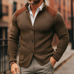 Ribbed Knit Stand Collar Cardigan Sweater with Pockets for Men - Brown
