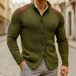 Ribbed Knit Stand Collar Cardigan Sweater with Pockets for Men - Green