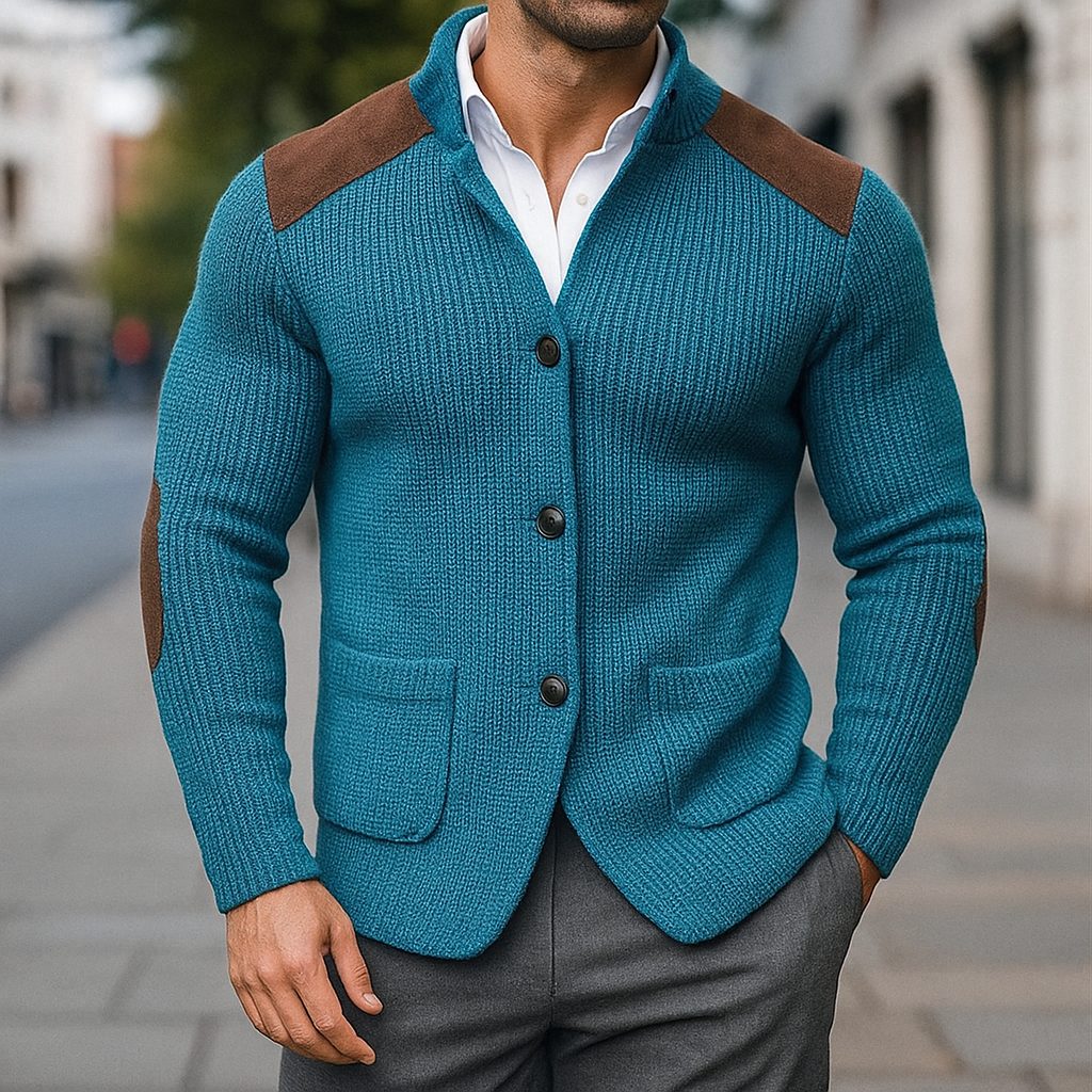 Ribbed Knit Stand Collar Cardigan Sweater with Pockets for Men - Ocean Blue