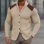 Ribbed Knit Stand Collar Cardigan Sweater with Pockets for Men - Cream