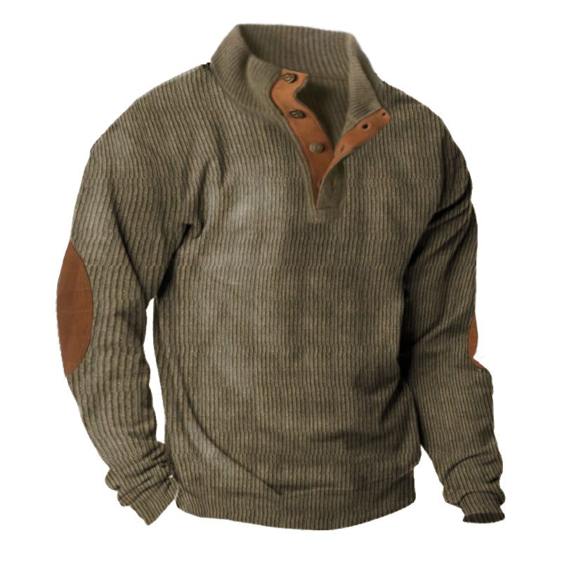 Ribbed Knit Stand Collar Sweater with Button Placket and Elbow Patches for Men