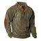 Ribbed Knit Stand Collar Sweater with Button Placket and Elbow Patches for Men