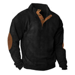 Ribbed Knit Stand Collar Sweater with Button Placket and Elbow Patches for Men - Black